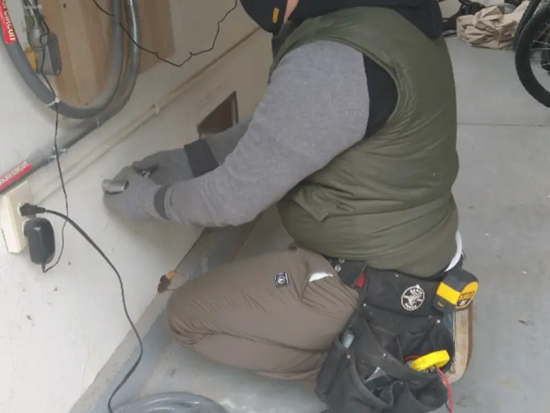 Electrician performing outlet wiring in a Nottingham garage